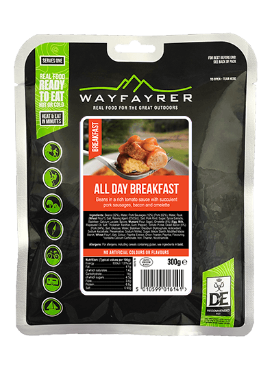 Wayfayrer All day Breakfast, ready to eat, pouched camping meal front of pack