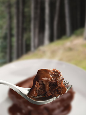 Wayfayrer RTE Camping food - Chocolate pudding and chocolate sauce on spork