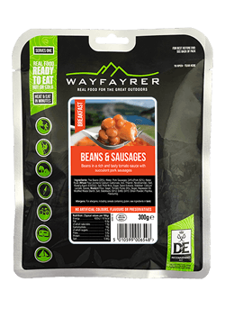 Wayfayrer Beans and Sausage, ready to eat, pouched camping meal front of pack Wayfayrer Beans and Sausage, ready to eat, pouched camping meal front of pack