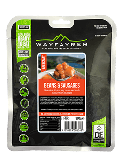 Wayfayrer Beans and Sausage, ready to eat, pouched camping meal front of pack