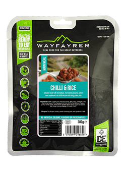 Wayfayrer Chilli & Rice, ready to eat, pouched camping meal front of pack
