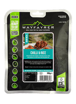 Wayfayrer Chilli & Rice, ready to eat, pouched camping meal front of pack Wayfayrer Chilli & Rice, ready to eat, pouched camping meal front of pack