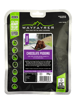 Wayfayrer Chocolate Pudding & Chocolate Sauce, ready to eat, pouched camping meal front of pack