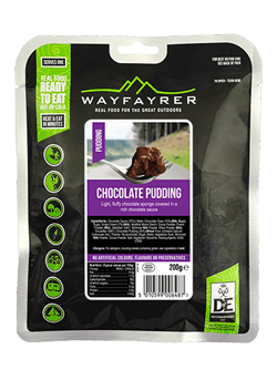 Wayfayrer Chocolate Pudding & Chocolate Sauce, ready to eat, pouched camping meal front of pack Wayfayrer Chocolate Pudding & Chocolate Sauce, ready to eat, pouched camping meal front of pack